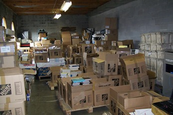 View of the boxes containing Father Jaki papers, marked THE HOME DEPOT