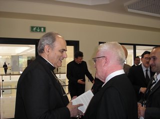 H.E. Mgr. Marcelo Sanchéz Sorondo speaking with Father Teodóz Jáki