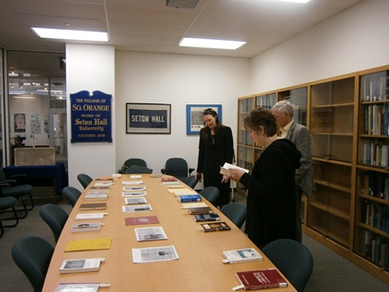 Jaki memorabilia at the Seton Hall University. Stacy Trasancos, Mary-Frances Musk and Dennis Musk