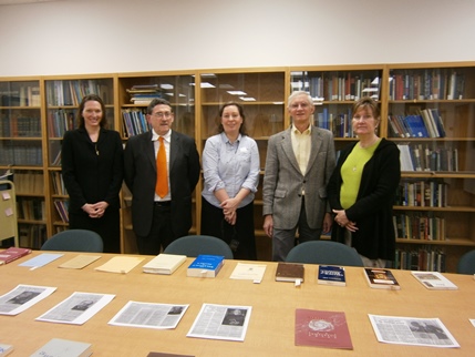 Jaki memorabilia at the Seton Hall University. Stacy Trasancos, Antonio Colombo, Magdalen Ross, Dennis Musk and Mary-Frances Musk.