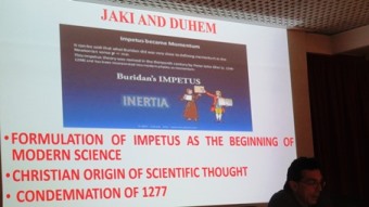 During Alessandro Giostra’s talk, a slide about the Medieval origin of the Inertial Principle.
