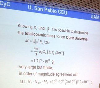 From the talk of Julio Gonzalo, the slide about the determination of the total mass of the Universe.